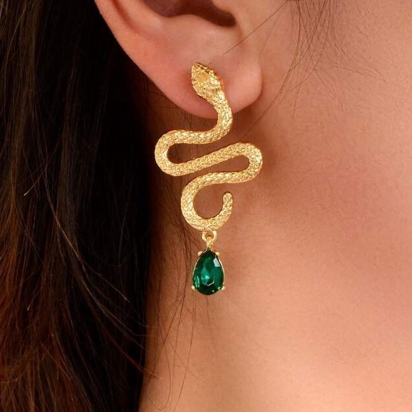 Anthropologie Jewelry - Snake earrings emerald green gem gold Anthropologie